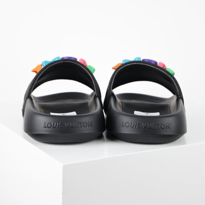 L***V Rubber Pool Slide Sandals — SS23 Limited Edition 3D Logo Charm Slip-On Beach Slippers (Black)