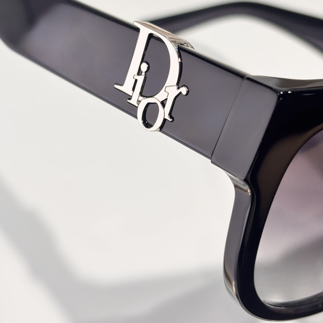 D**R Square Cat-Eye Sunglasses | Gloss Black Acetate Frame, Gold CD Letter Hinge Inlay, Gradient Grey Lenses