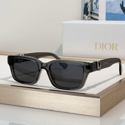 D**R Thick Square Sunglasses with Crystal Grey Transparent Frame, Navy Blue Lenses & Engraved CD Temple Hardware