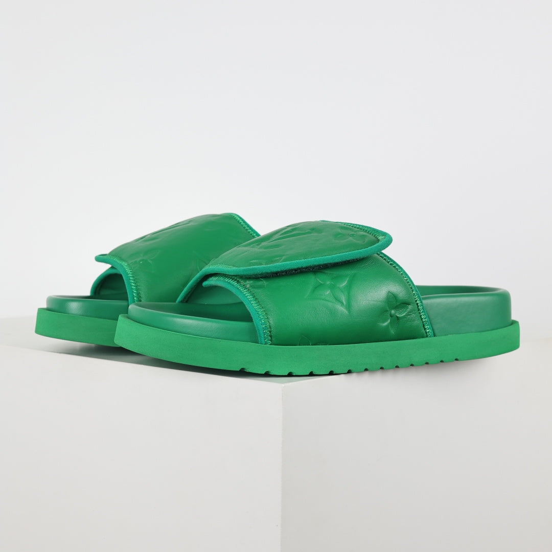 L***V Grass Green Inflated Pillow Leather Velcro Adjustable Wide Strap Miami Slide Sandals — Spring Summer Boutique Limited Edition