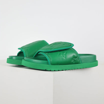 L***V Grass Green Inflated Pillow Leather Velcro Adjustable Wide Strap Miami Slide Sandals — Spring Summer Boutique Limited Edition