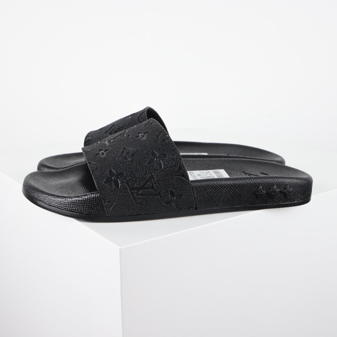 L***V All-Black Rubber Tonal Oversized Monogram Embossed Waterfront Wide Strap Slide Sandals — Spring Summer Boutique Limited Edition