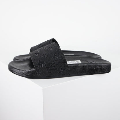 L***V All-Black Rubber Tonal Oversized Monogram Embossed Waterfront Wide Strap Slide Sandals — Spring Summer Boutique Limited Edition