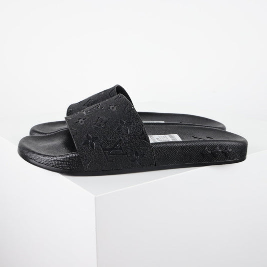 L***V All-Black Rubber Tonal Oversized Monogram Embossed Waterfront Wide Strap Slide Sandals — Spring Summer Boutique Limited Edition