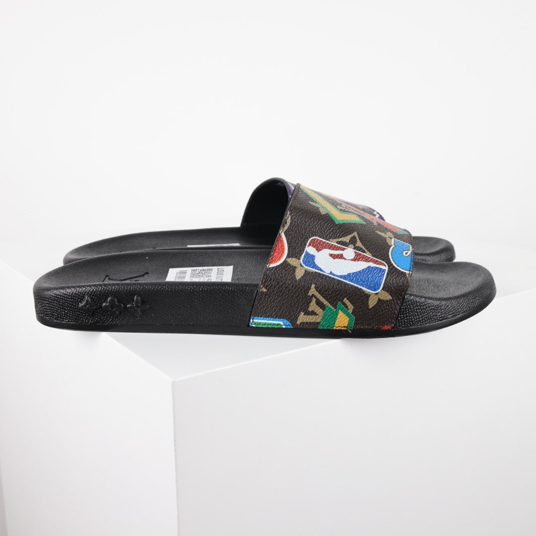 L***V Camo Multicolor Sticker Print Waterfront Wide Strap Slide Sandals — Spring Summer Boutique Limited Edition