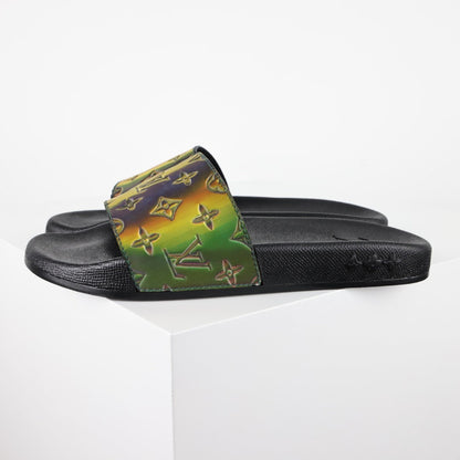 L***V Black Rainbow Iridescent Holographic Monogram Waterfront Wide Strap Slide Sandals — Spring Summer Boutique Limited Edition