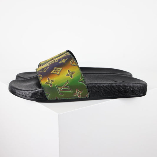 L***V Black Rainbow Iridescent Holographic Monogram Waterfront Wide Strap Slide Sandals — Spring Summer Boutique Limited Edition