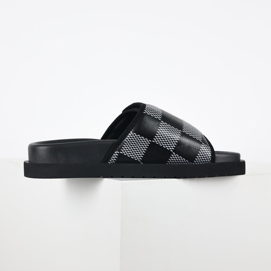 L***V Damier Graphite Black White Grey Woven Jacquard Pillow Slip-On Wide Strap Miami Slide Sandals — Spring Summer Boutique Limited Edition