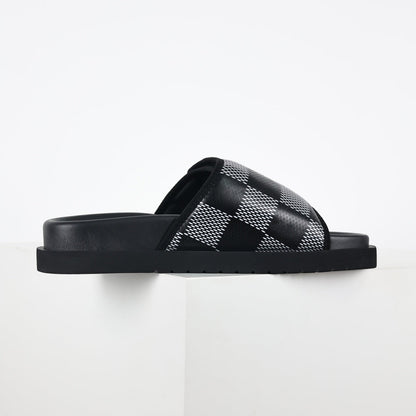 L***V Damier Graphite Black White Grey Woven Jacquard Pillow Slip-On Wide Strap Miami Slide Sandals — Spring Summer Boutique Limited Edition