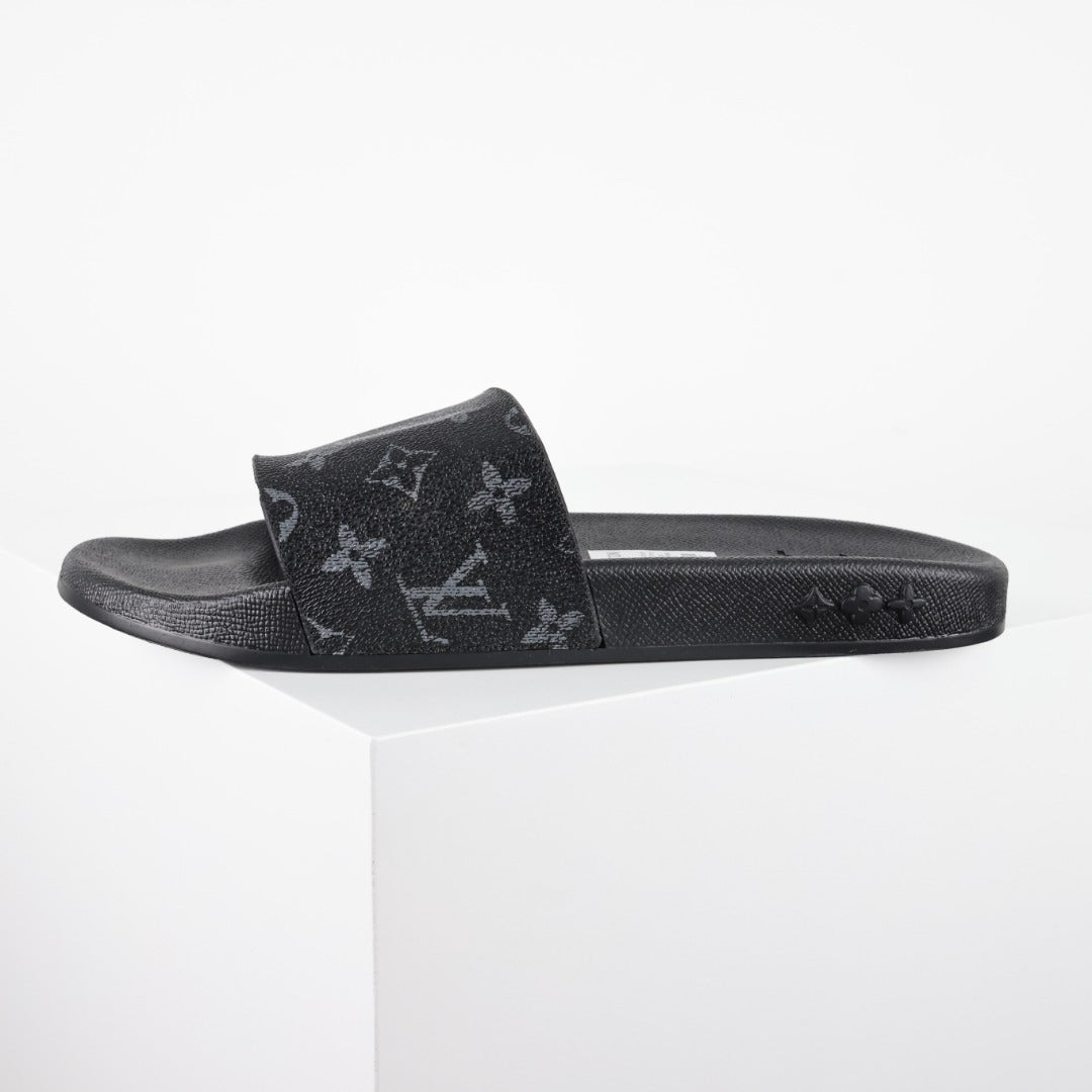 L***V Monogram Eclipse All-Black Waterfront Wide Strap Slide Sandals — Spring Summer Boutique Limited Edition