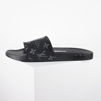 L***V Monogram Eclipse All-Black Waterfront Wide Strap Slide Sandals — Spring Summer Boutique Limited Edition