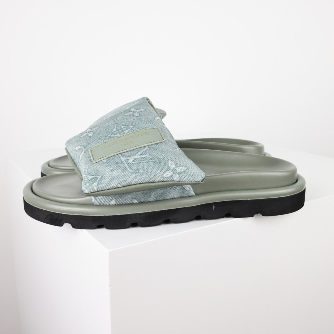 L***V Ice Blue Metallic Embossed Monogram Leather Wide Strap Platform Slide Sandals — Spring Summer Boutique Limited Edition