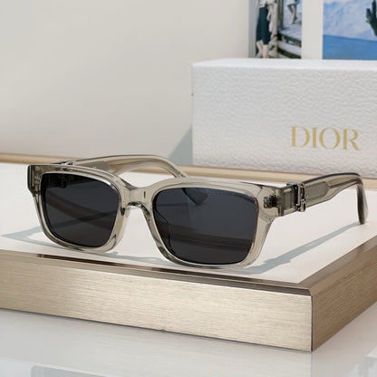 D**R Thick Square Sunglasses with Crystal Grey Transparent Frame, Navy Blue Lenses & Engraved CD Temple Hardware