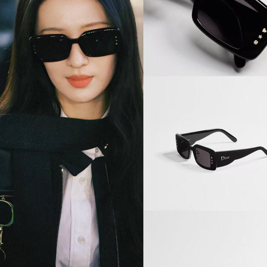 D**R Slim Rectangular Sunglasses | Glossy Black Frame, Dark Grey Lenses & Silver Logo Temple