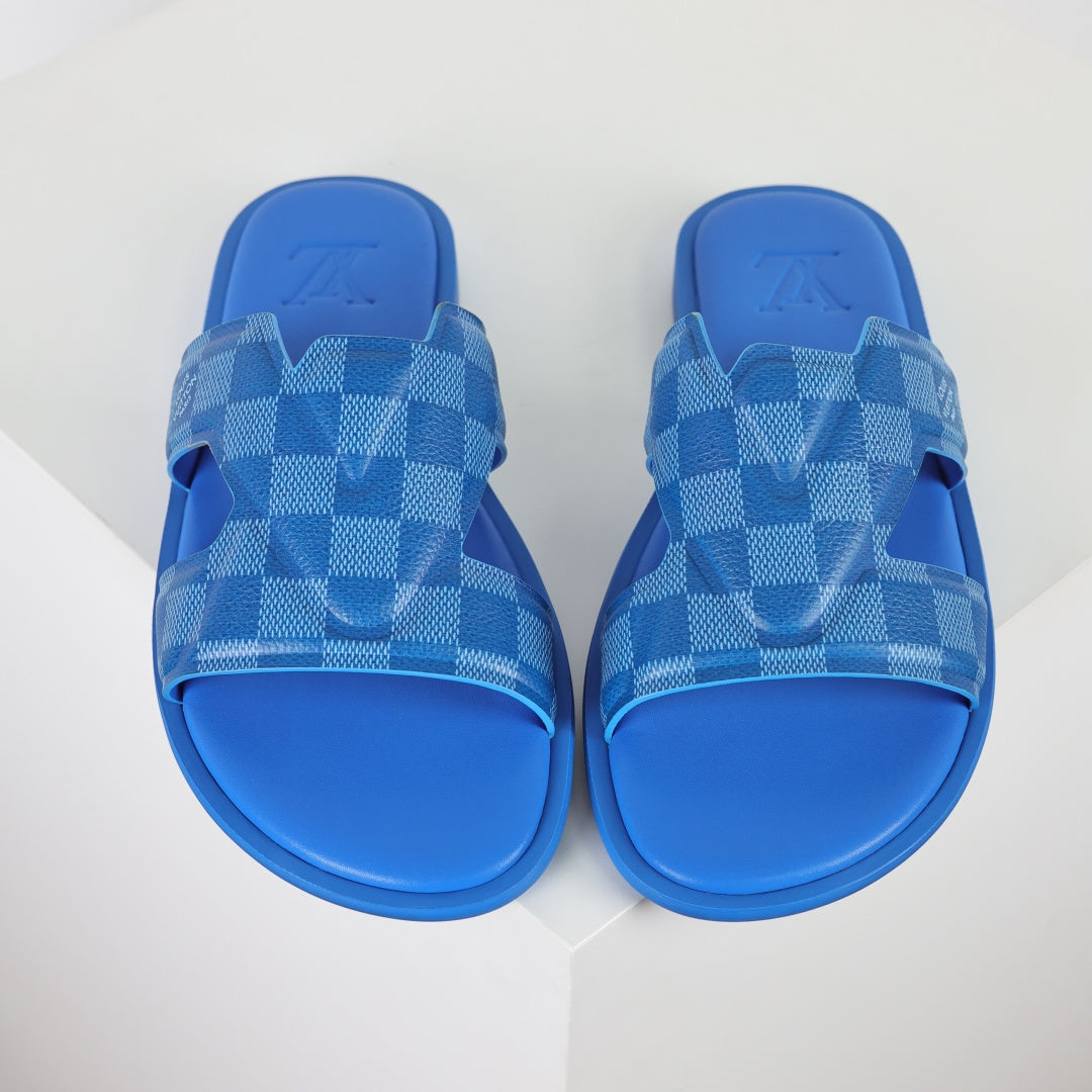 L***V Cobalt Blue Damier Embossed Leather H-Strap Multi-Band Oasis Flat Slide Sandals — Spring Summer Boutique Limited Edition