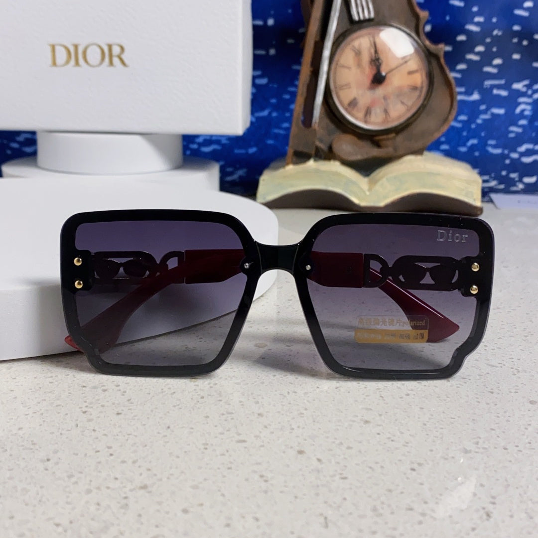 D**R Oversized Square Sunglasses | Black Frame, Red Temple, Gold CD Logo & Grey Gradient Lenses