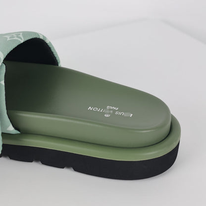 L***V Sage Green Tonal Monogram Canvas Wide Strap Platform Slide Sandals — 2024 Spring Summer Boutique Limited Edition