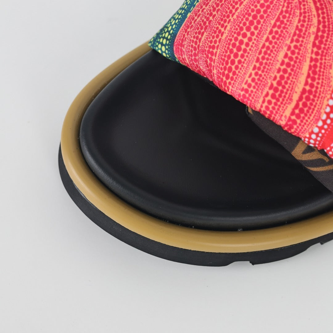 L***V Brown Monogram Canvas Multicolor Tassel Double Strap Platform Slide Sandals — Spring Summer Boutique Limited Edition