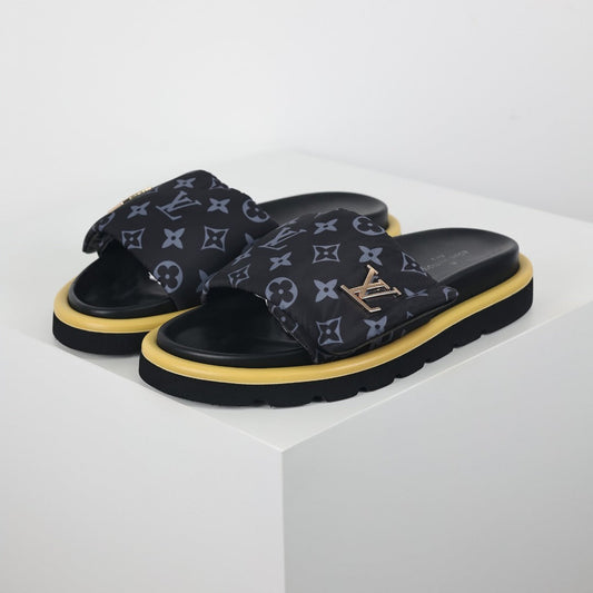 L***V Black Monogram Canvas Platform Slide Sandals — 2024 Spring Summer Boutique Limited Edition