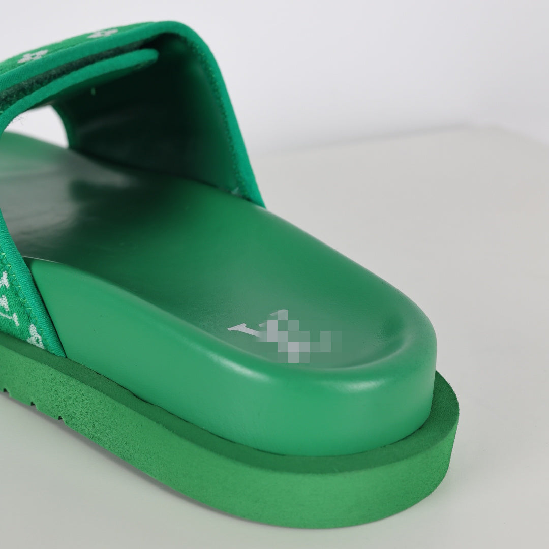 L***V Grass Green Monogram Jacquard Twisted Bow Ruched Strap Miami Slide Sandals — Spring Summer Boutique Limited Edition