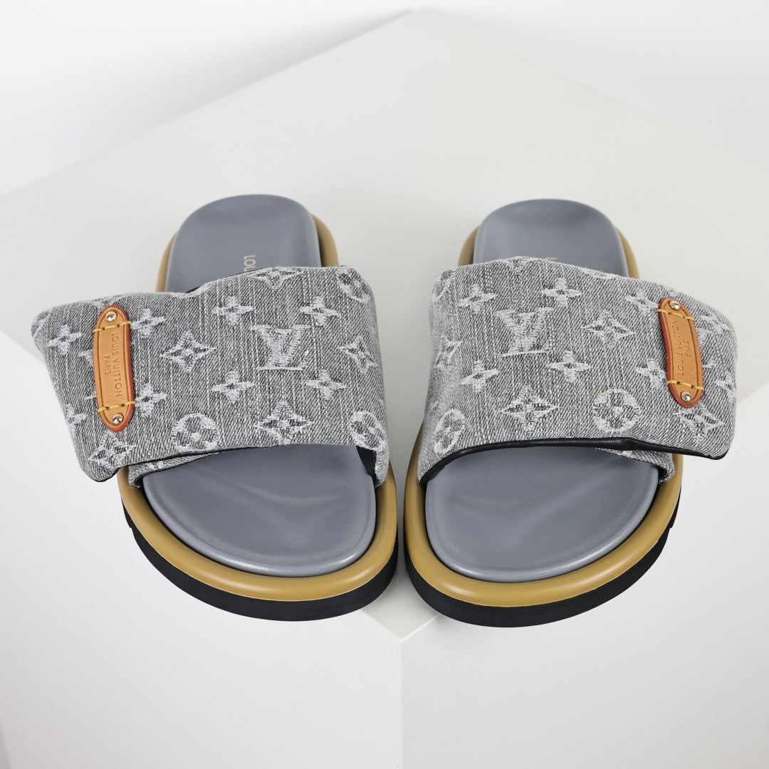 L***V Grey Denim Monogram Canvas Leather Buckle Strap Wide Band Platform Slide Sandals — Spring Summer Boutique Limited Edition
