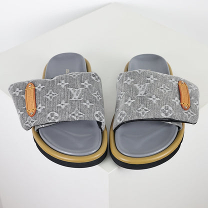 L***V Grey Denim Monogram Canvas Leather Buckle Strap Wide Band Platform Slide Sandals — Spring Summer Boutique Limited Edition