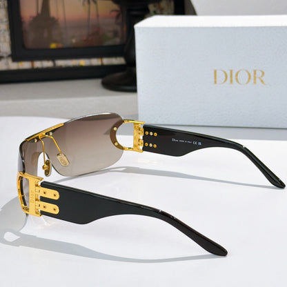 D**R Rimless Wraparound Shield Sunglasses with Grey Purple Gradient Lens, Black Temples & Oversized Gold CD Logo Hardware