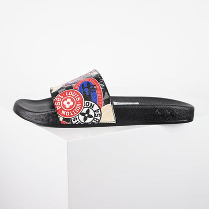 L***V White Multicolor Circular Badge Travel Sticker Print Waterfront Wide Strap Slide Sandals — Spring Summer Boutique Limited Edition