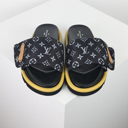 L***V All-Black Monogram Canvas Gold Bar Platform Slide Sandals — 2024 Spring Summer Boutique Limited Edition