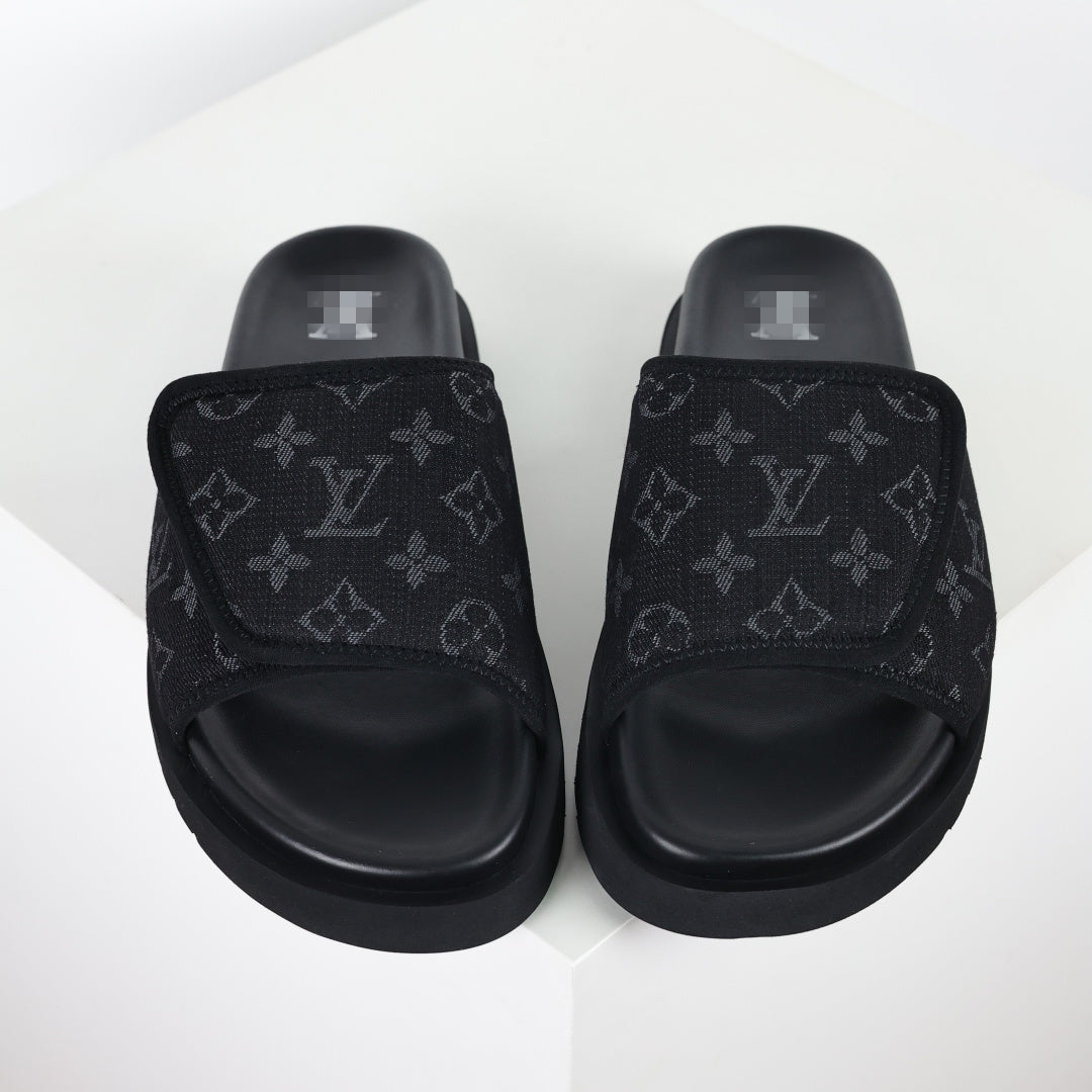 L***V All-Black Tonal Monogram Jacquard Twisted Bow Ruched Strap Miami Slide Sandals — Spring Summer Boutique Limited Edition