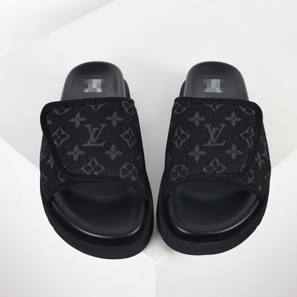L***V All-Black Tonal Monogram Jacquard Twisted Bow Ruched Strap Miami Slide Sandals — Spring Summer Boutique Limited Edition