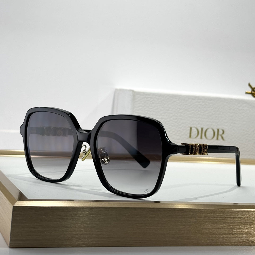 D**R Oversized Square Sunglasses | Gloss Black Acetate, Gold Crystal-Set DIOR Letter Temple, Gradient Grey Lenses, CD Monogram Print