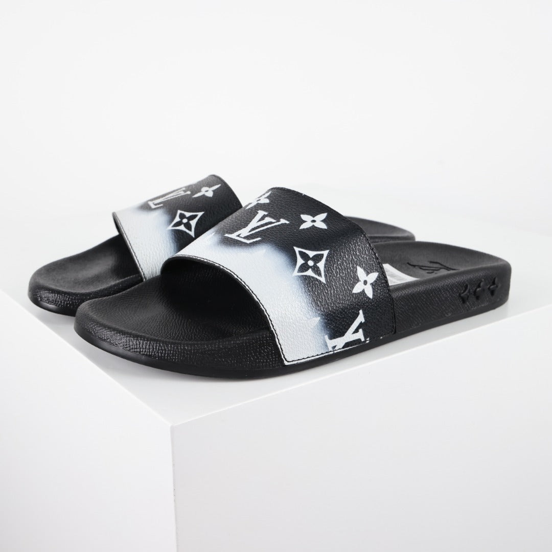 L***V Black White Gradient Oversized Monogram Waterfront Wide Strap Slide Sandals — Spring Summer Boutique Limited Edition