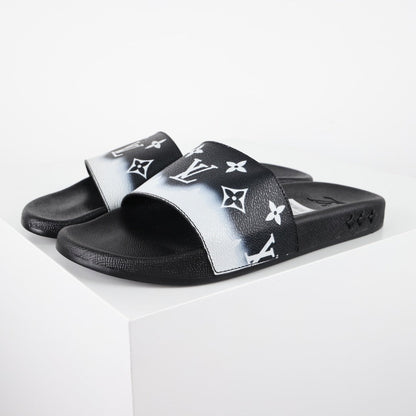L***V Black White Gradient Oversized Monogram Waterfront Wide Strap Slide Sandals — Spring Summer Boutique Limited Edition