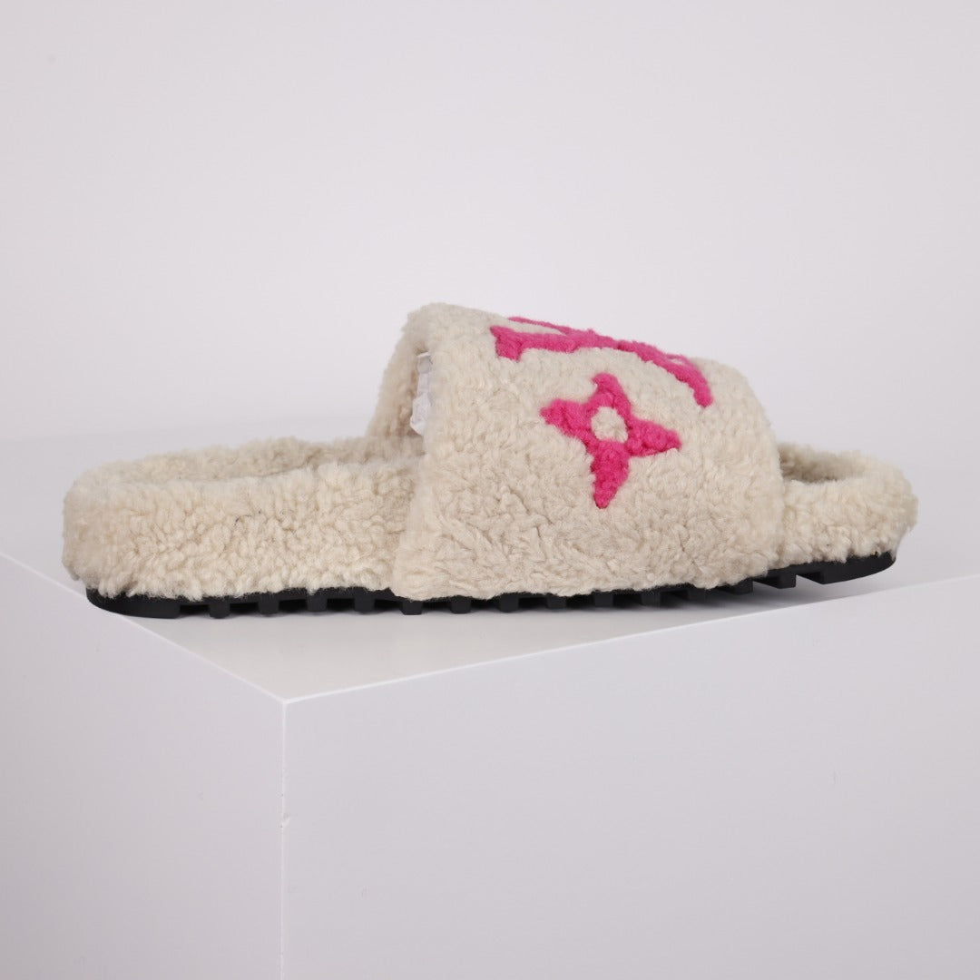 L***V Cream White Hot Pink Monogram Shearling Lambswool Single Strap Slide Sandals — Autumn Winter Boutique Limited Edition
