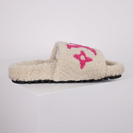 L***V Cream White Hot Pink Monogram Shearling Lambswool Single Strap Slide Sandals — Autumn Winter Boutique Limited Edition