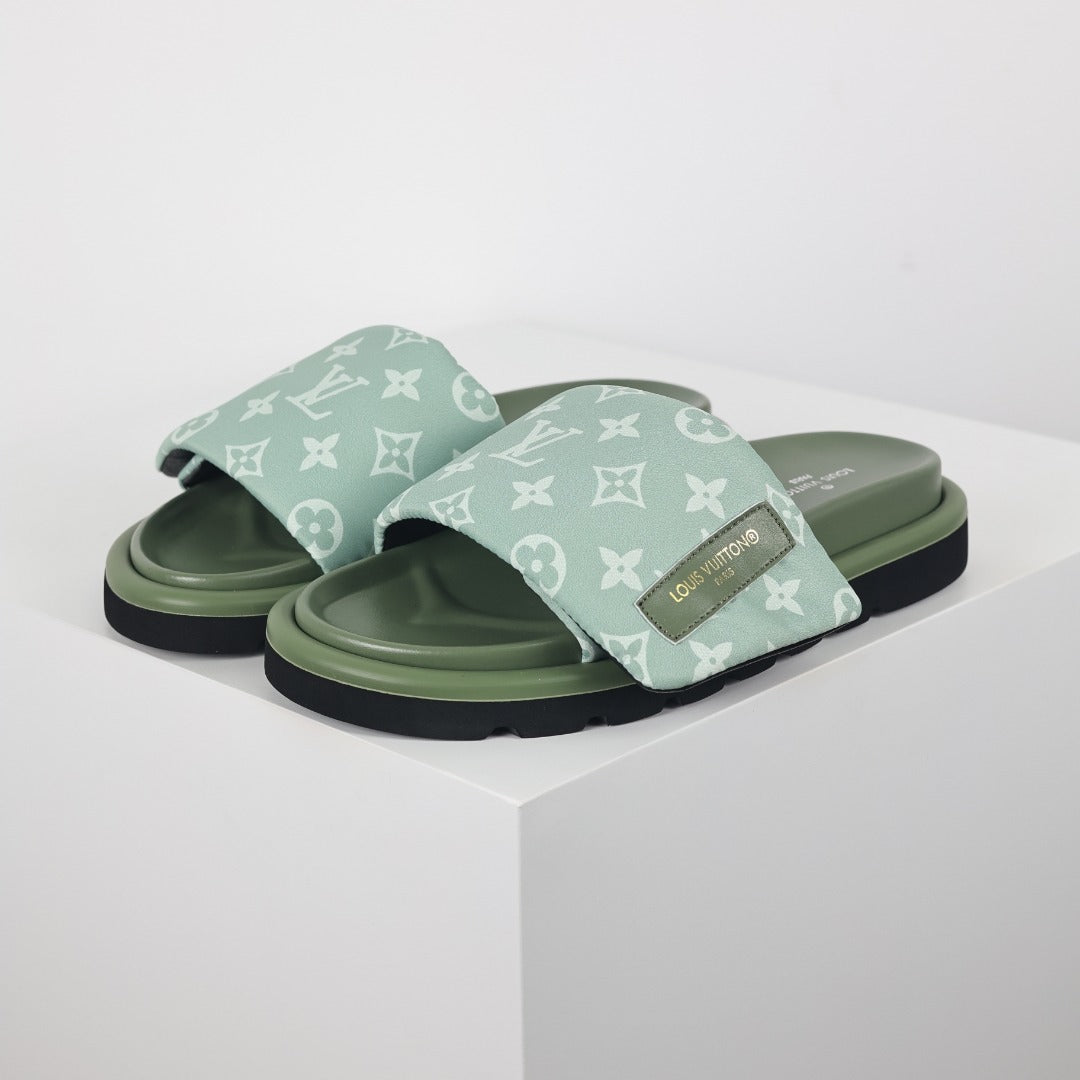 L***V Sage Green Tonal Monogram Canvas Wide Strap Platform Slide Sandals — 2024 Spring Summer Boutique Limited Edition