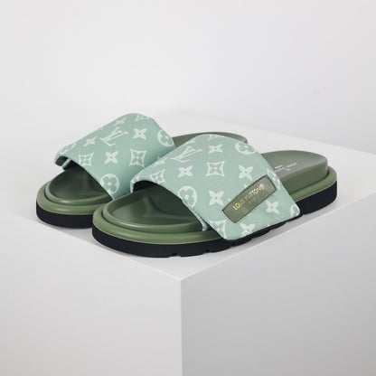 L***V Sage Green Tonal Monogram Canvas Wide Strap Platform Slide Sandals — 2024 Spring Summer Boutique Limited Edition
