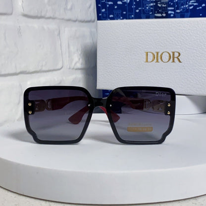D**R Oversized Square Sunglasses | Black Frame, Red Temple, Gold CD Logo & Blue-Grey Gradient Lenses