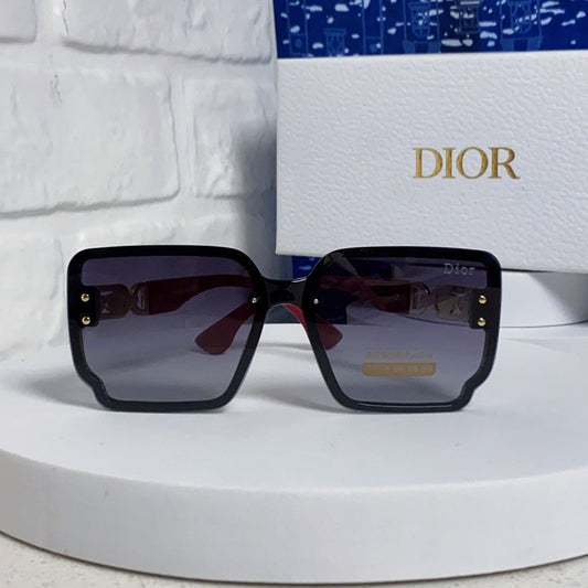 D**R Oversized Square Sunglasses | Black Frame, Red Temple, Gold CD Logo & Blue-Grey Gradient Lenses