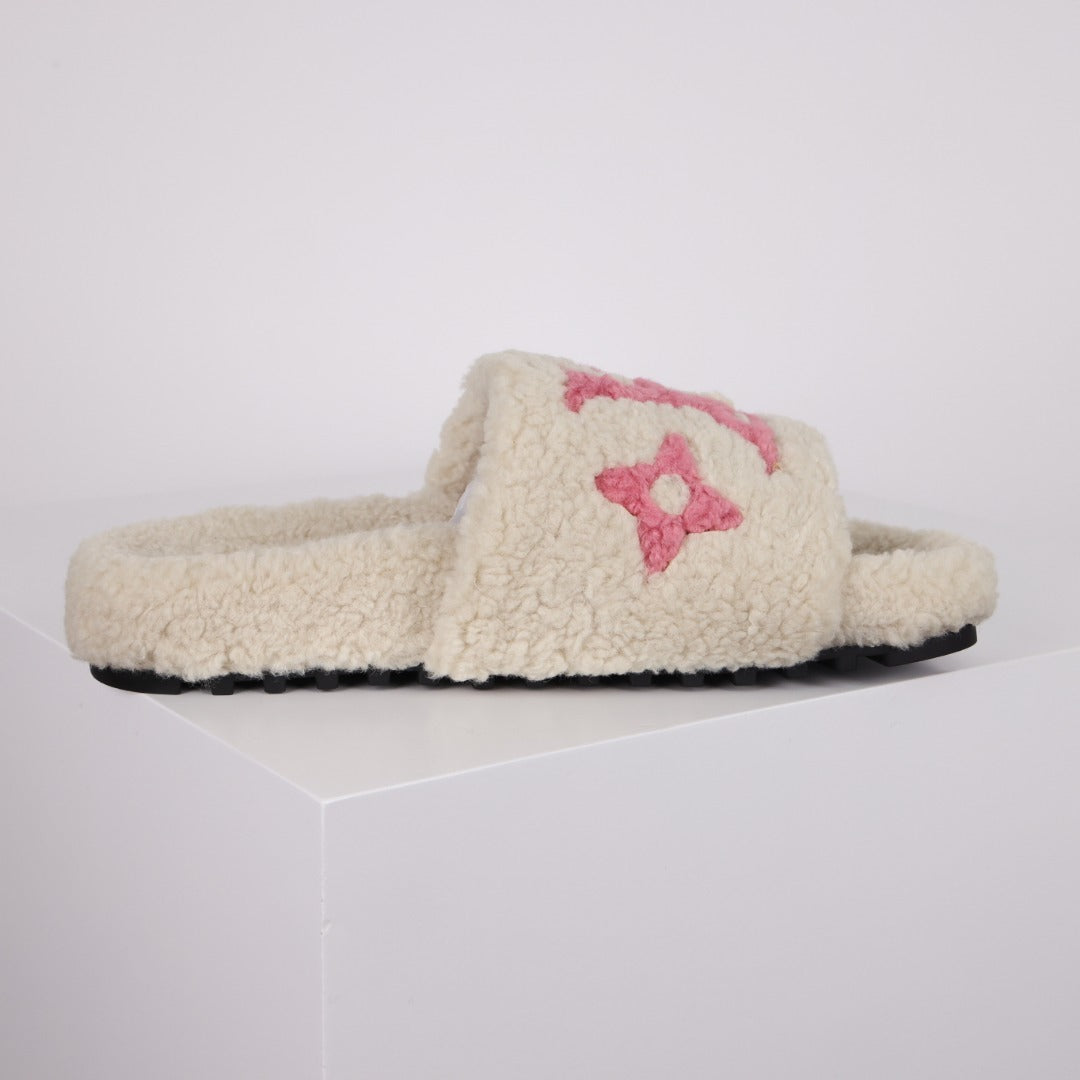 L***V Dark Chocolate Brown Tonal Monogram Shearling Lambswool Double Strap Slide Sandals — Autumn Winter Boutique Limited Edition