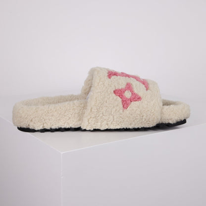 L***V Dark Chocolate Brown Tonal Monogram Shearling Lambswool Double Strap Slide Sandals — Autumn Winter Boutique Limited Edition