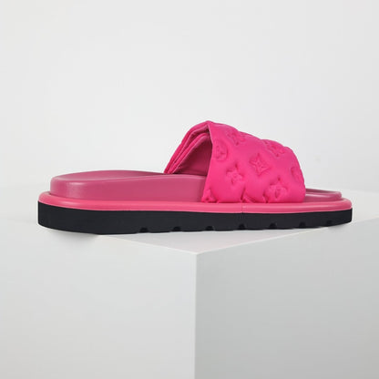 L***V Hot Pink Tonal Monogram Puffy Quilted Wide Strap Platform Slide Sandals — Spring Summer Boutique Limited Edition
