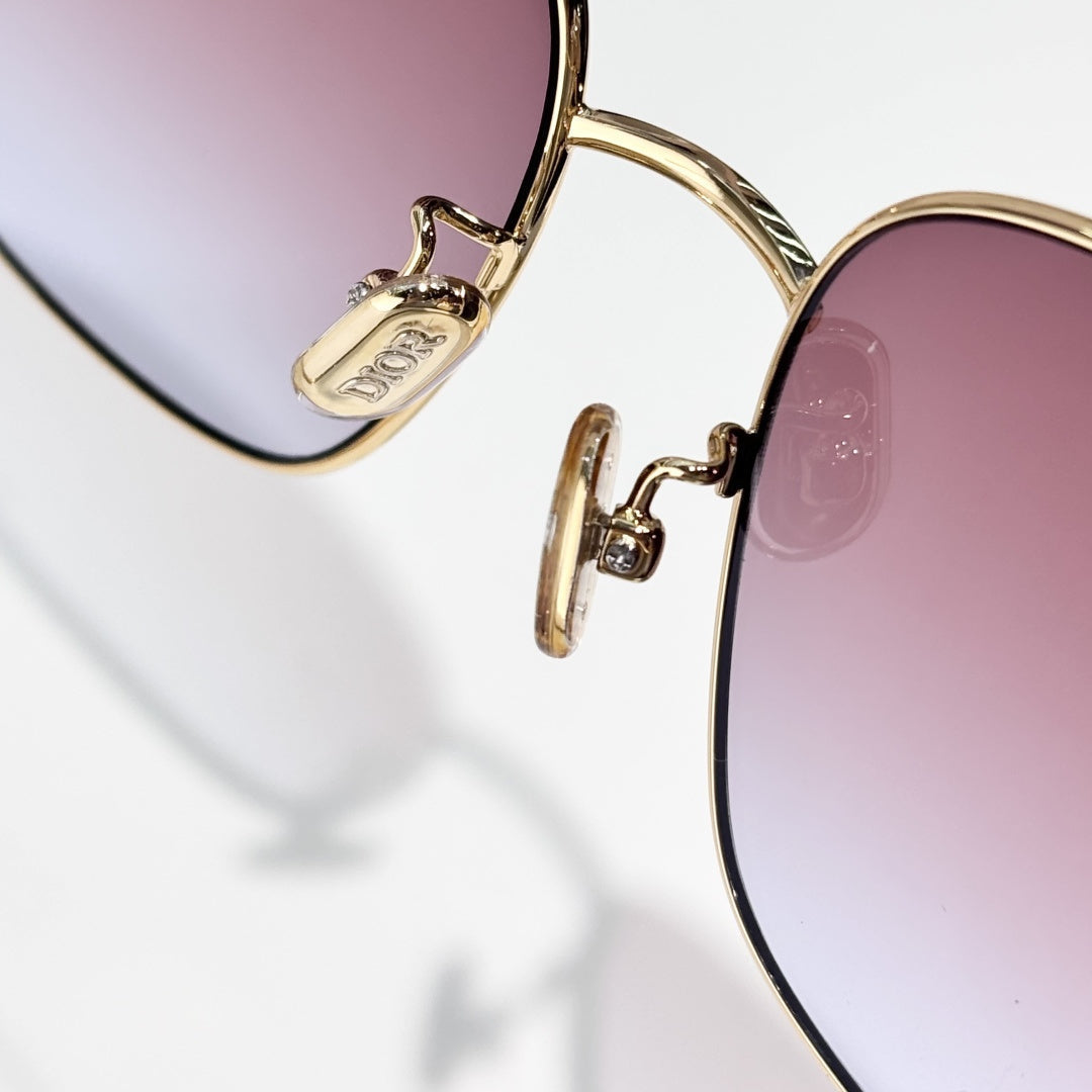 D**R Square Metal Frame Sunglasses | Gold Metal, DIOR Engraved Tag, Crystal Nose Pad, Gradient Rose-Lavender Lenses | Multiple Colors