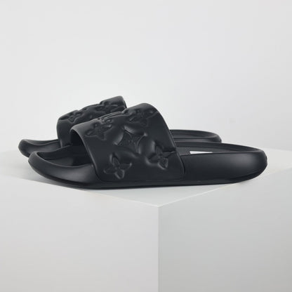 L***V All-Black Tonal Monogram Embossed EVA Waterfront Wide Strap Slide Sandals — Spring Summer Boutique Limited Edition