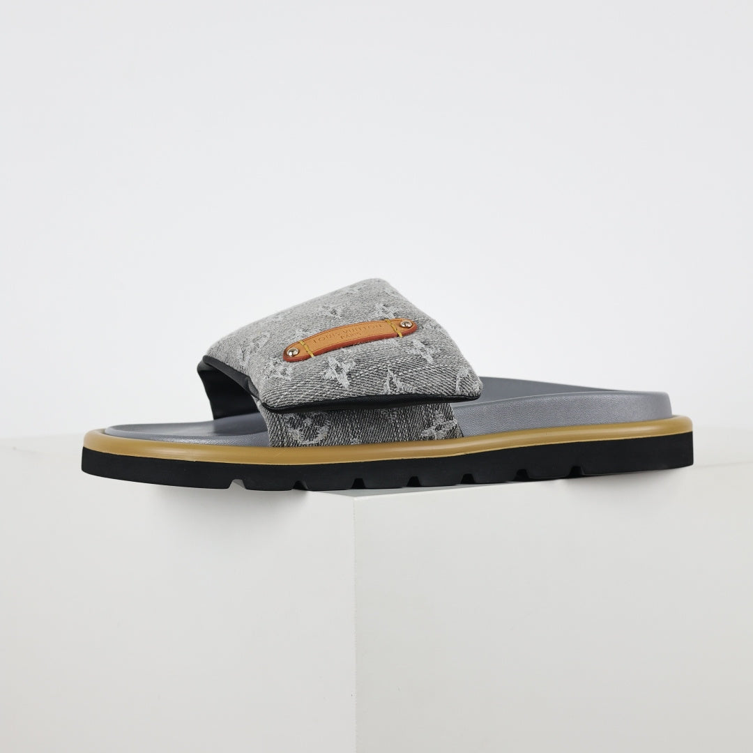 L***V Grey Denim Monogram Canvas Leather Buckle Strap Wide Band Platform Slide Sandals — Spring Summer Boutique Limited Edition