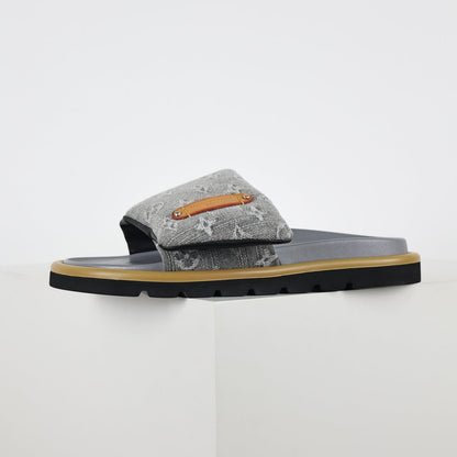 L***V Grey Denim Monogram Canvas Leather Buckle Strap Wide Band Platform Slide Sandals — Spring Summer Boutique Limited Edition