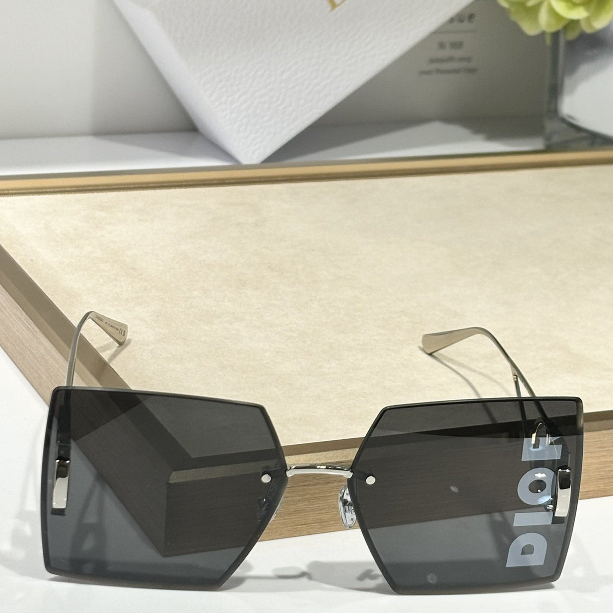 D**R Geometric Oversized Sunglasses | Rimless Bevelled Square Frame, DIOR Letter Print Lens, Silver Metal | Multiple Colors
