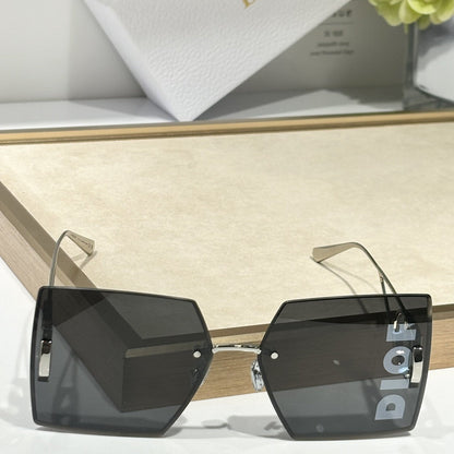 D**R Geometric Oversized Sunglasses | Rimless Bevelled Square Frame, DIOR Letter Print Lens, Silver Metal | Multiple Colors