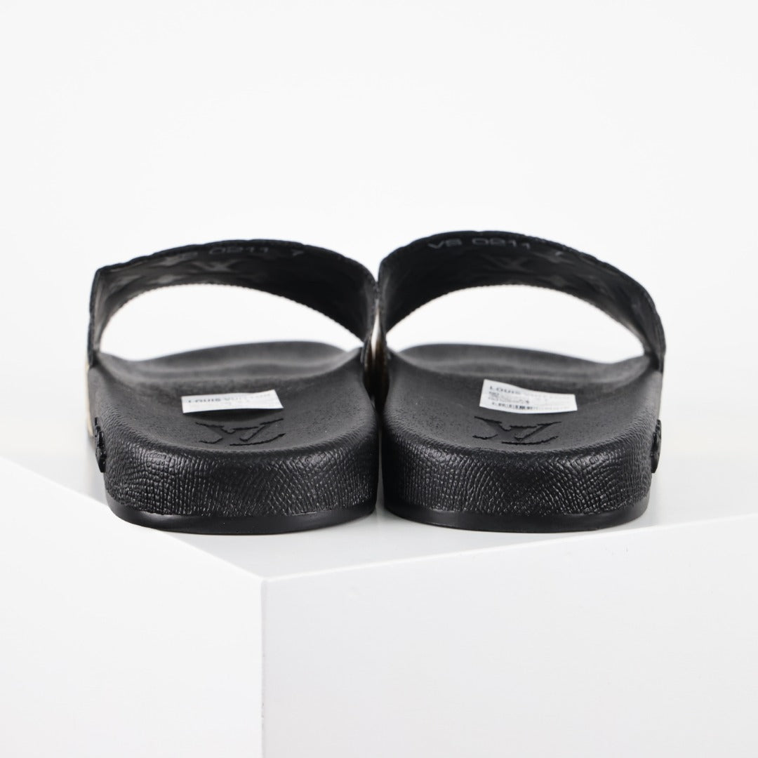 L***V Gold Mirror Metallic Embossed Monogram Waterfront Wide Strap Slide Sandals — Spring Summer Boutique Limited Edition